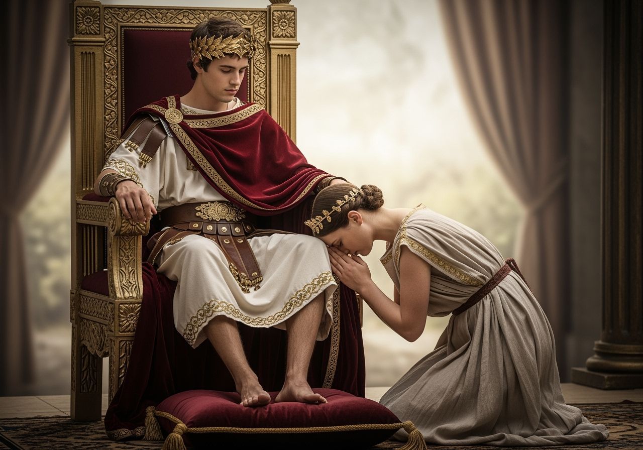 Young Roman Emperor in Royal Regalia on Throne