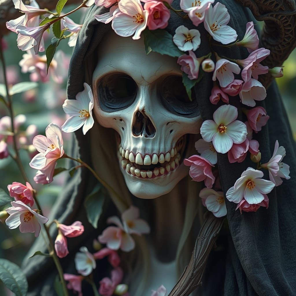 Surreal Portrait of Grim Reaper in Lush Garden, Soft Pastel ...