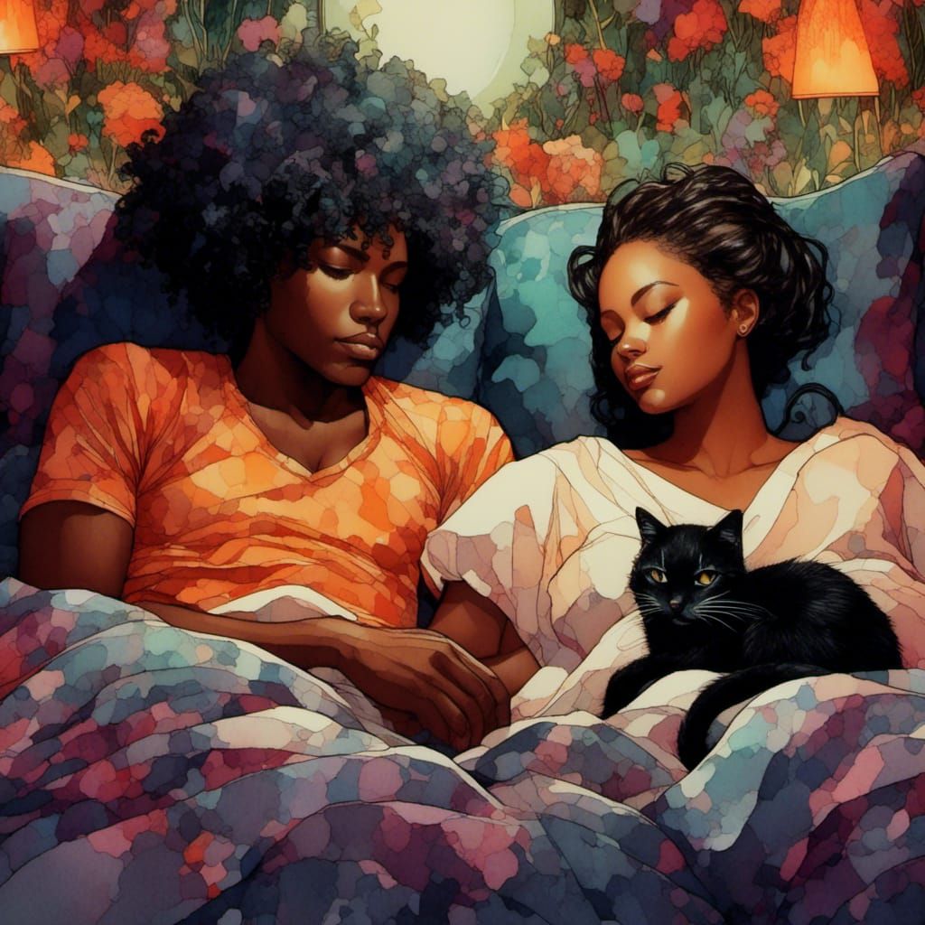 Sleeping Couple with Kittens in Digital Ink Style