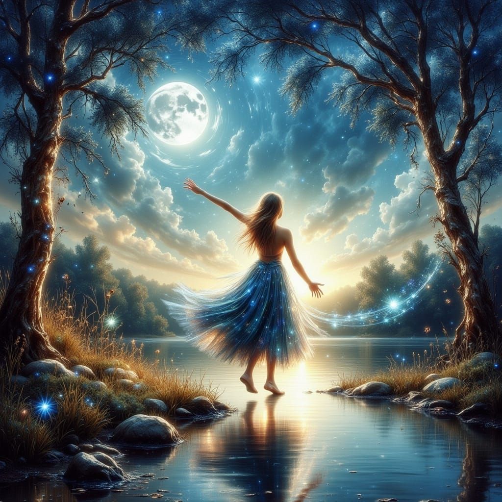 Enchanted Woman Dancing in Dreamy Landscape