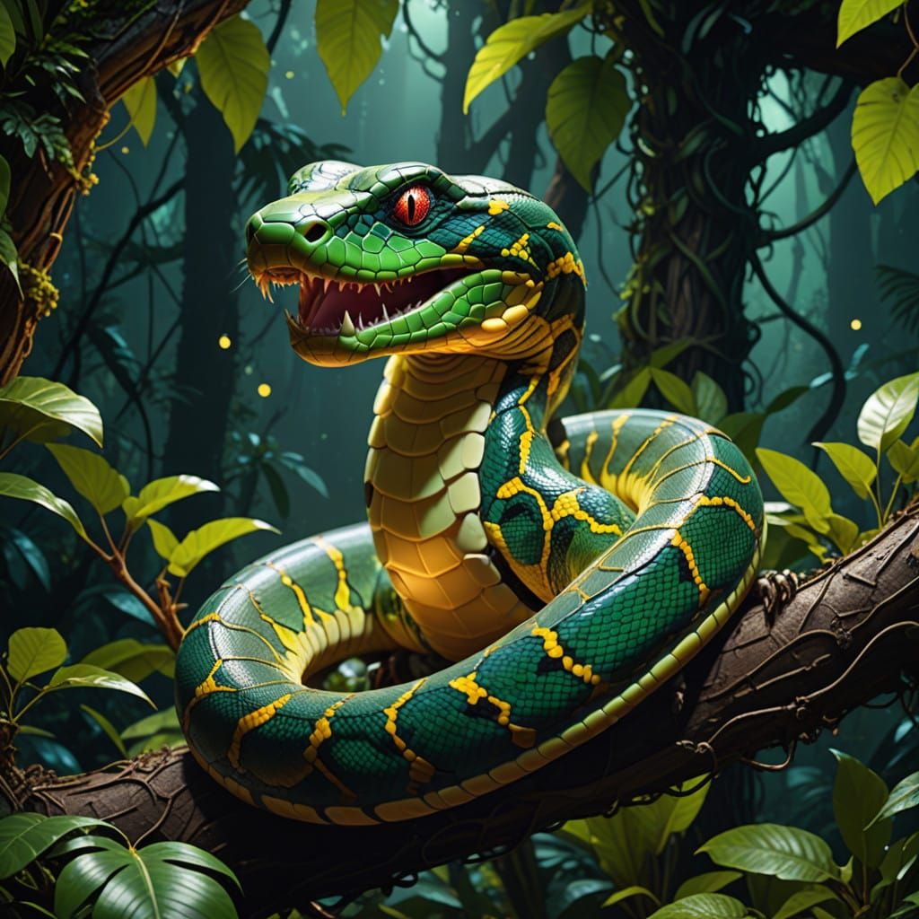 Steampunk Python Radiates Ethereal Light in Glowing Rainfore...