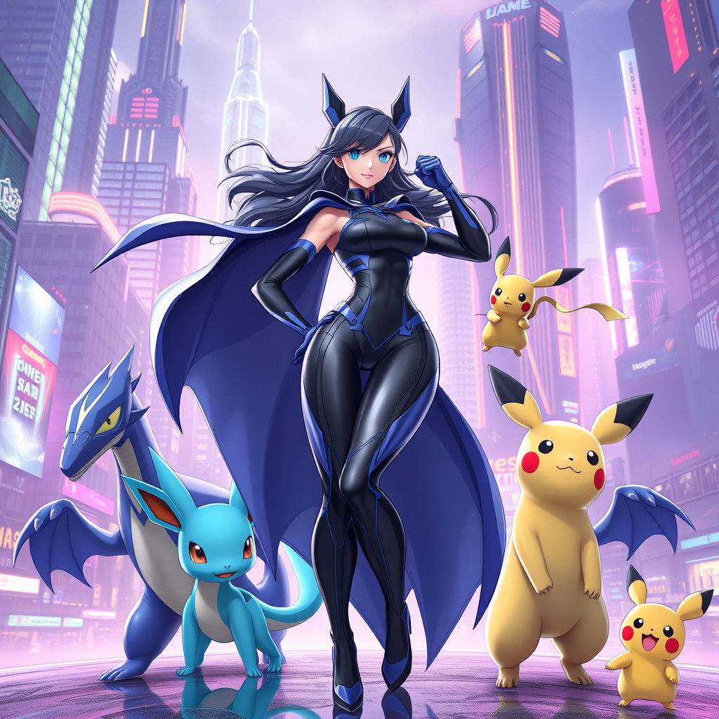 Superheroine Surrounded by Pokemon in Futuristic Cityscape