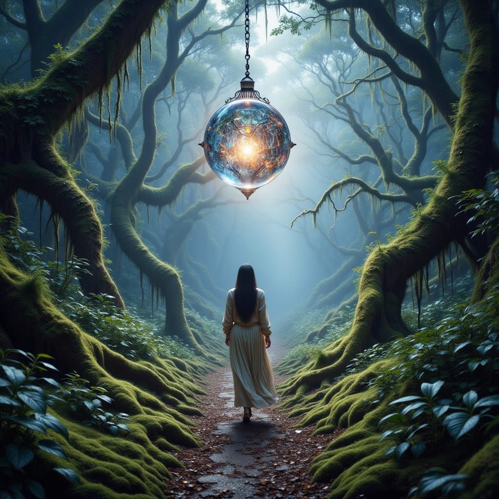 Woman Seeks Refuge Under Celestial Crystal in Hyperrealistic...