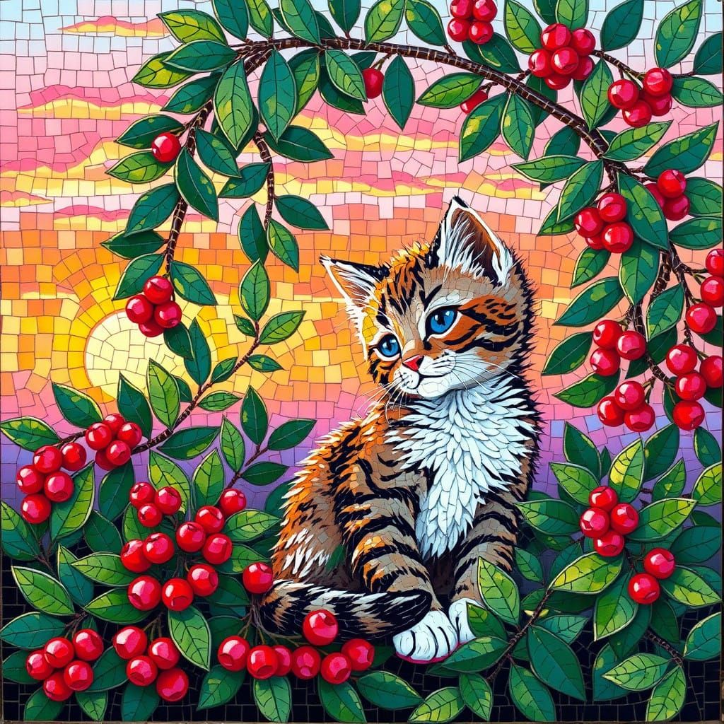 Whimsical Glass Mosaic Sunrise with Mistletoe and Kitten