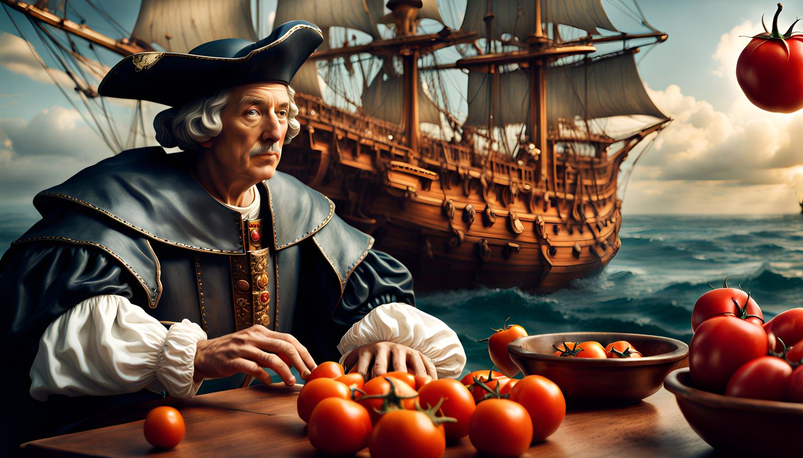 Christopher columbus looking to a  tomato on table