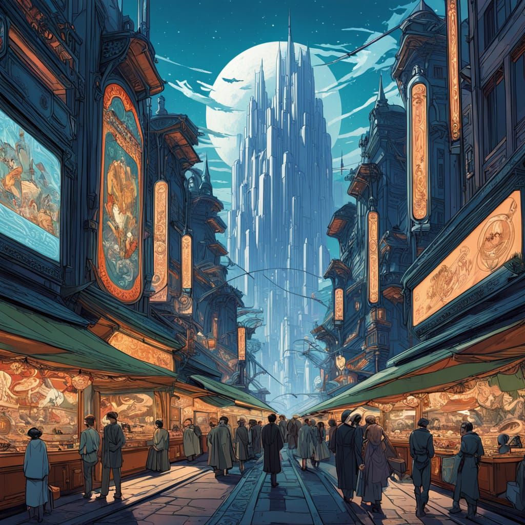 Futuristic Alien Marketplace with Art Deco Skyscrapers