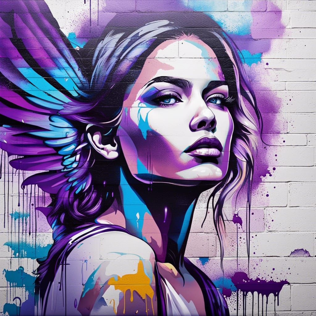 Street Art: Woman with Wings on Brick Wall