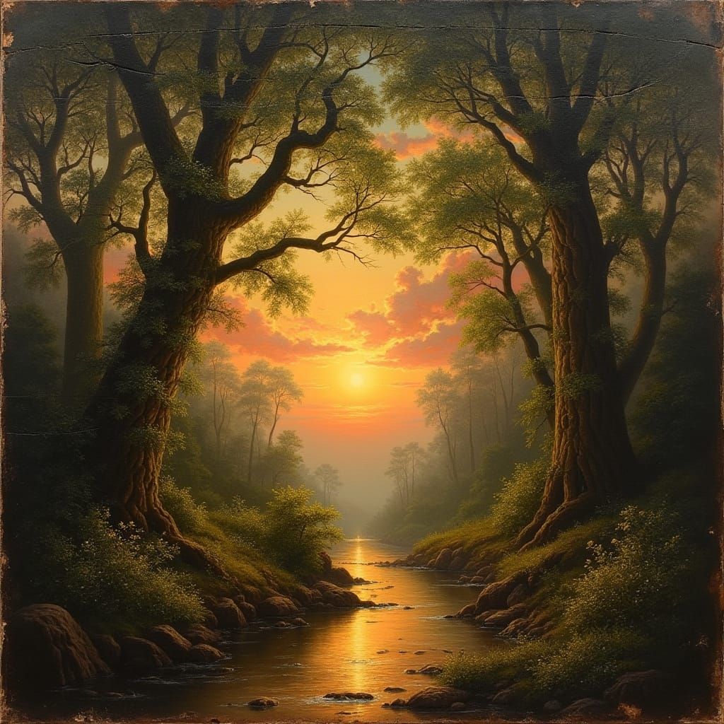 Ancient Forest Radiant with Renaissance-Style Sunrise Glow