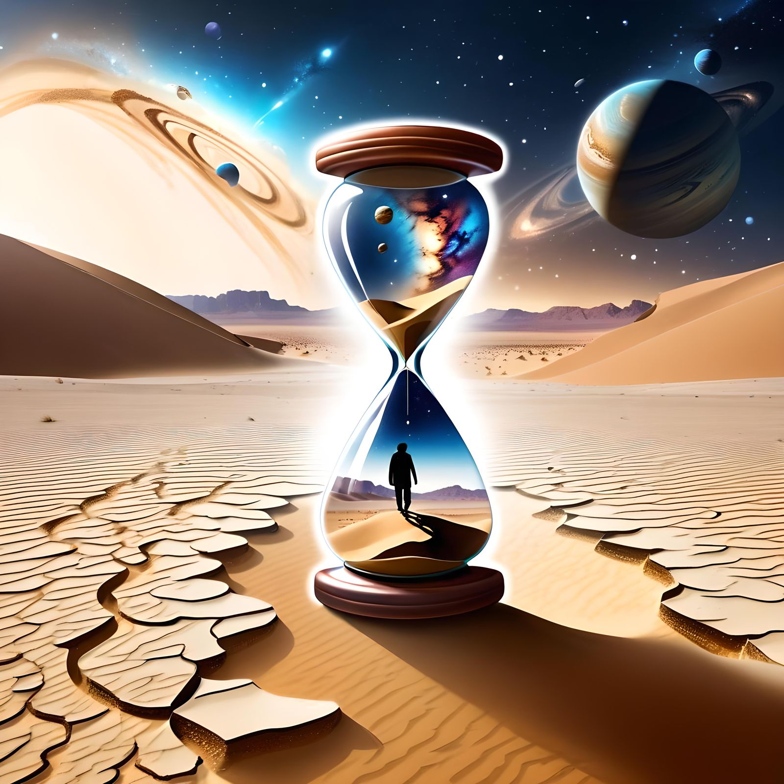 Cosmic Hourglass in Arid Desert Double Exposure
