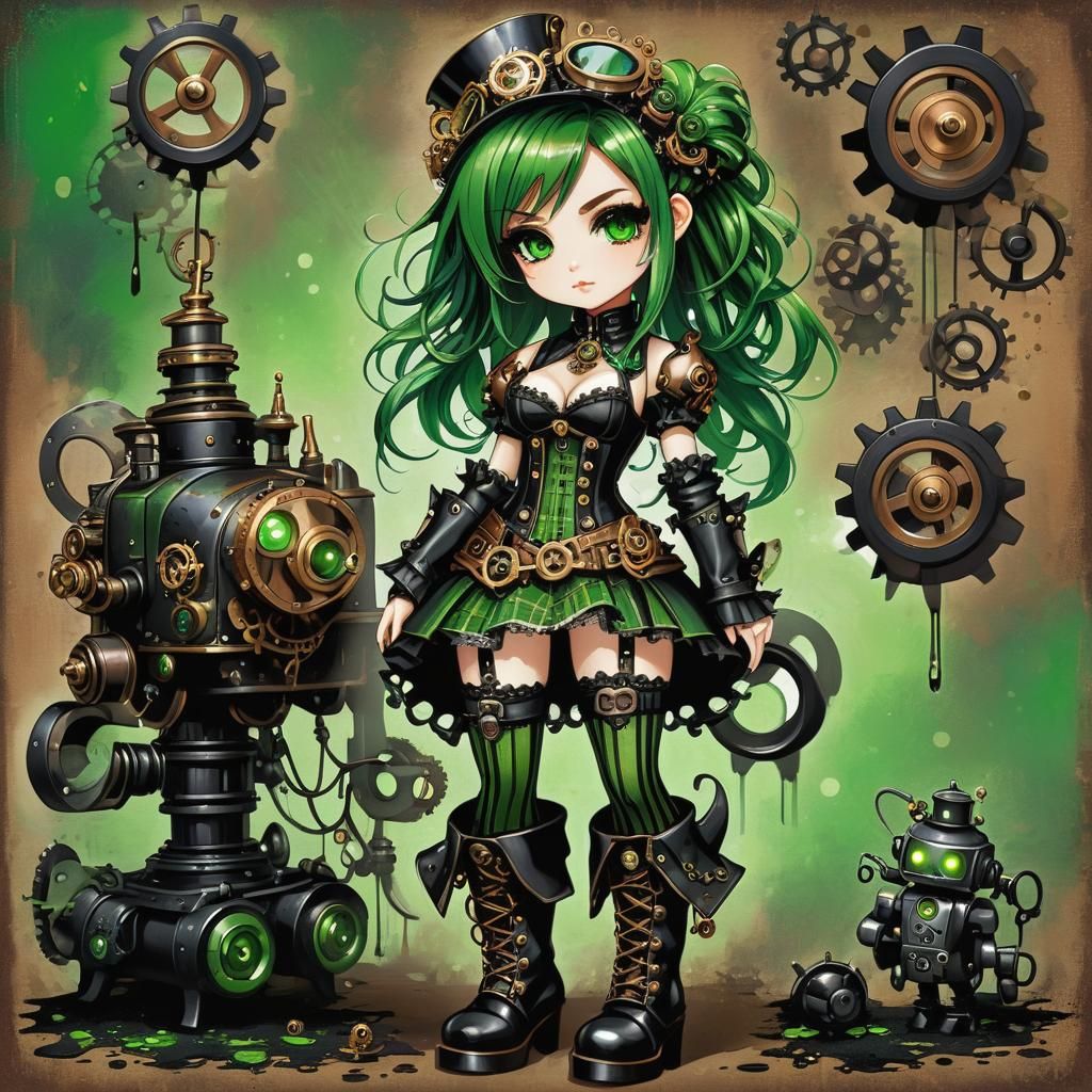 Steampunk Chibi with Robot: Fluid Splatter Impasto Painting