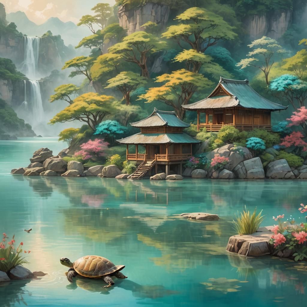 Dreamy Turtle Island Landscape in Watercolor Style