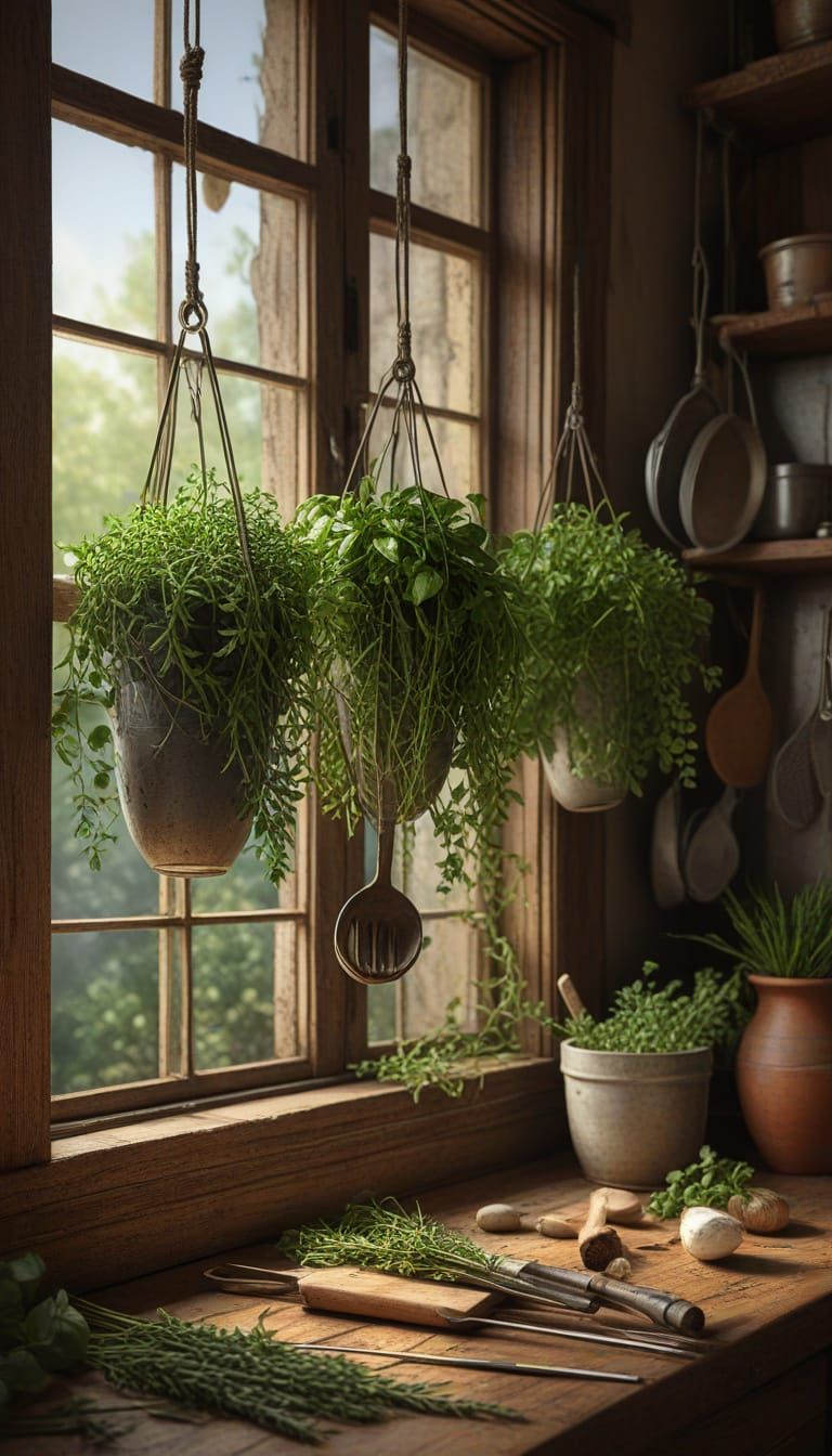 Rustic Kitchen Scene with Hanging Utensils and Herbs