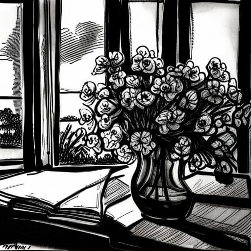 Detailed Pen and Ink Sketch of Floral Bouquet