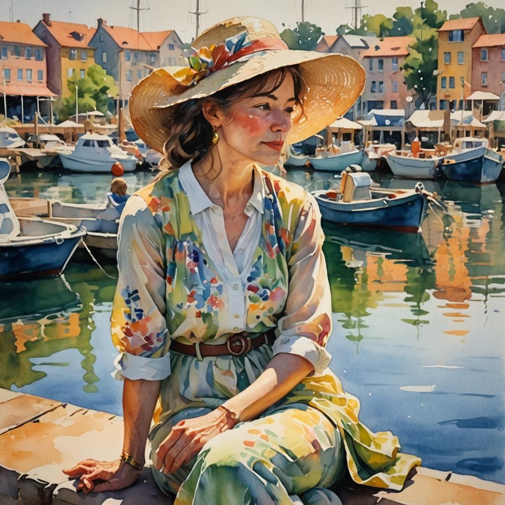 Impressionist Woman in Sunny Harbor Watercolor