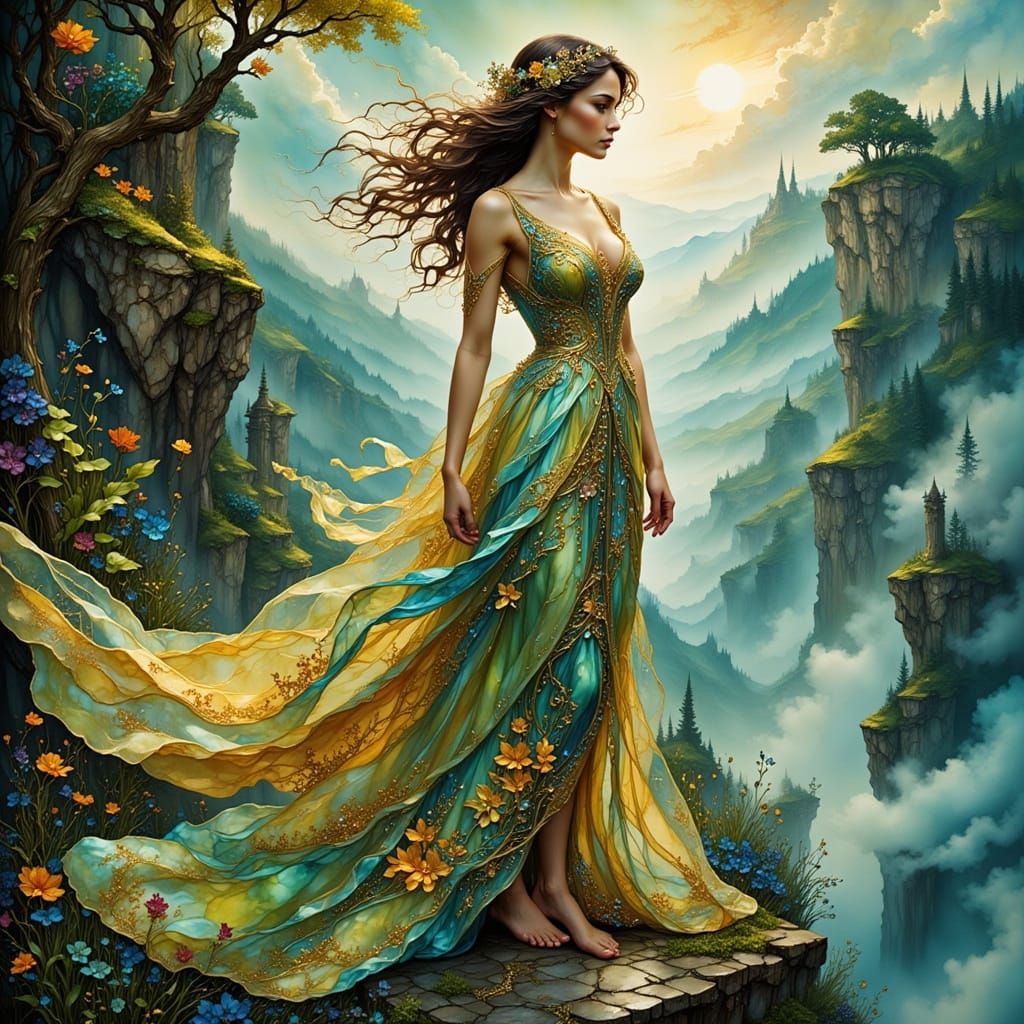 Elegant Woman on Misty Cliff in Art Nouveau Style