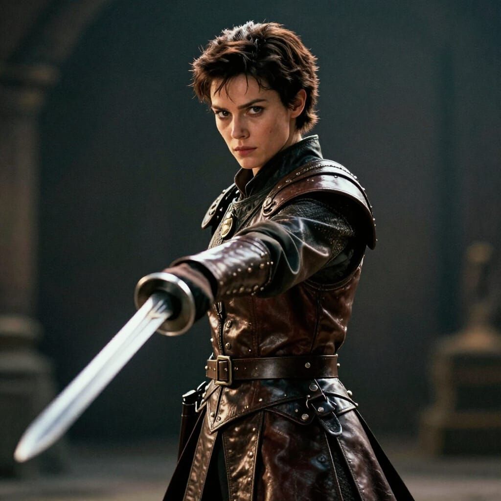 Defiant Warrior Woman in Fencing Attire with Drawn Sword