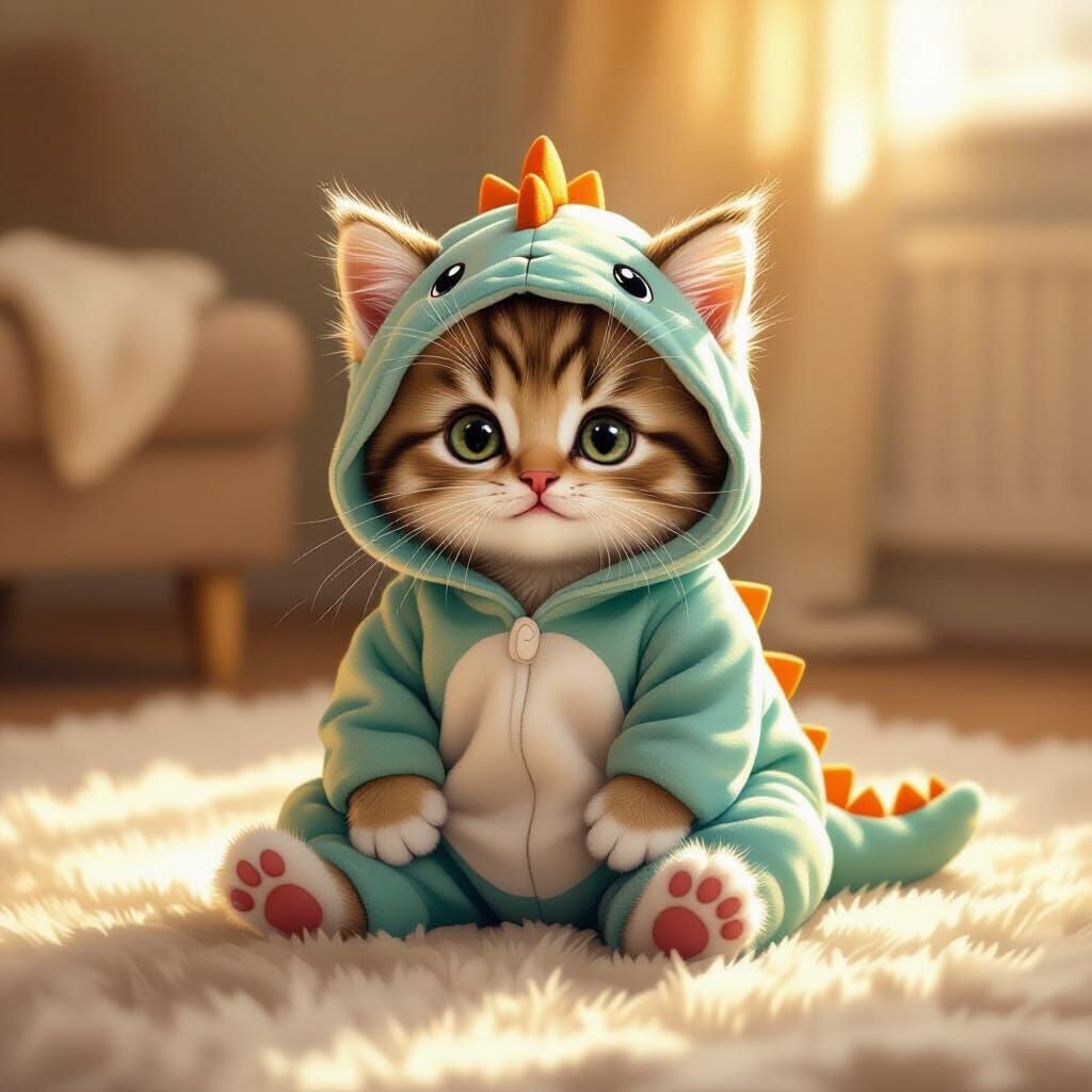 Fluffy Kitten in Dinosaur Onesie on Plush Rug