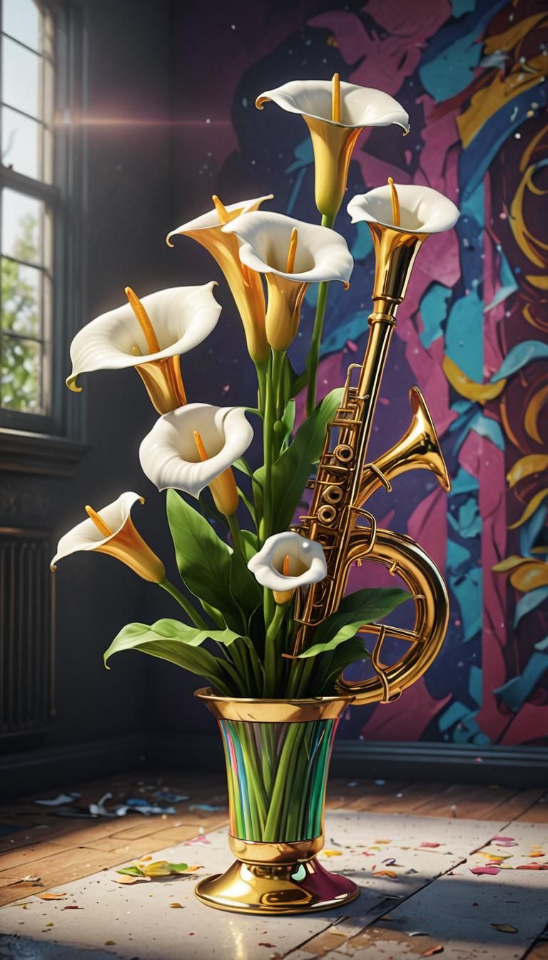Trombone Vase Calla Lilies in Psychedelic 3D Art