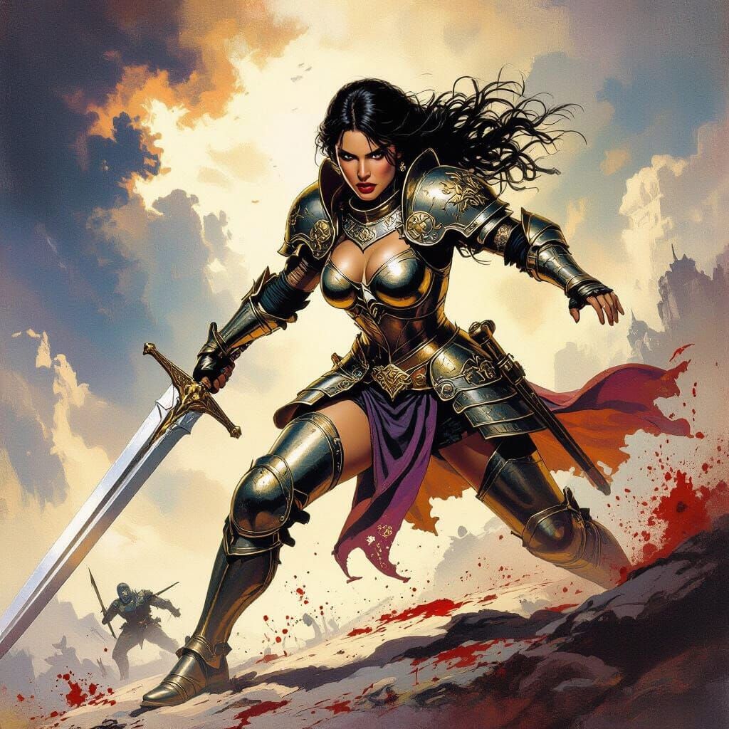 Armored Heroine Charges into Battle, Dynamic Fantasy Art