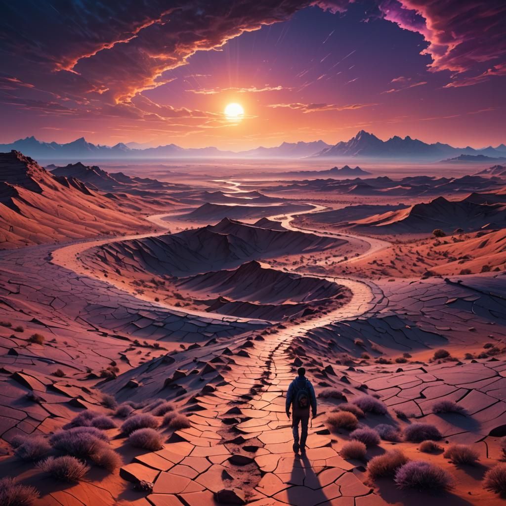 Person Walking on Cracked World in Digital Art Style