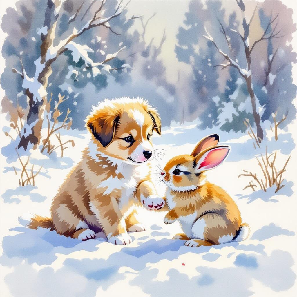 Cute Puppy and Bunny in Snowy Winter Landscape