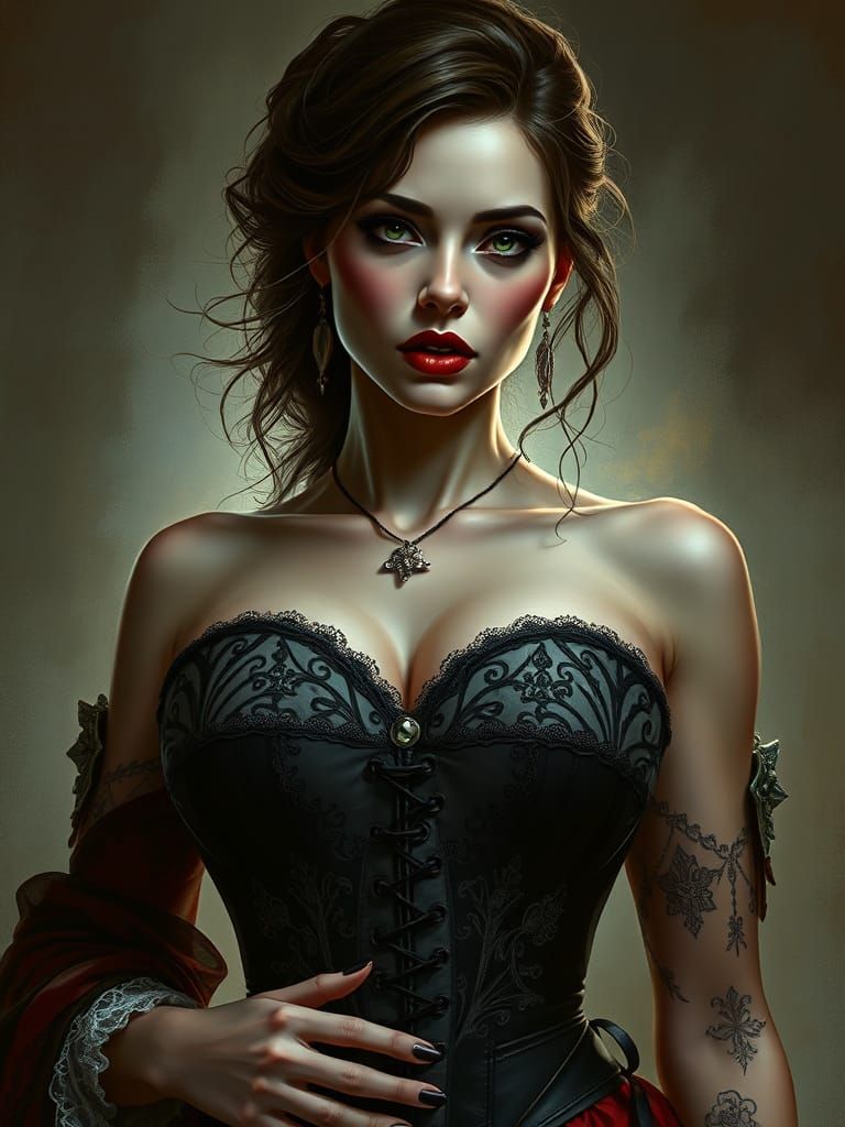 Gothic Woman in Ornate Corset, Dark Atmospheric Style