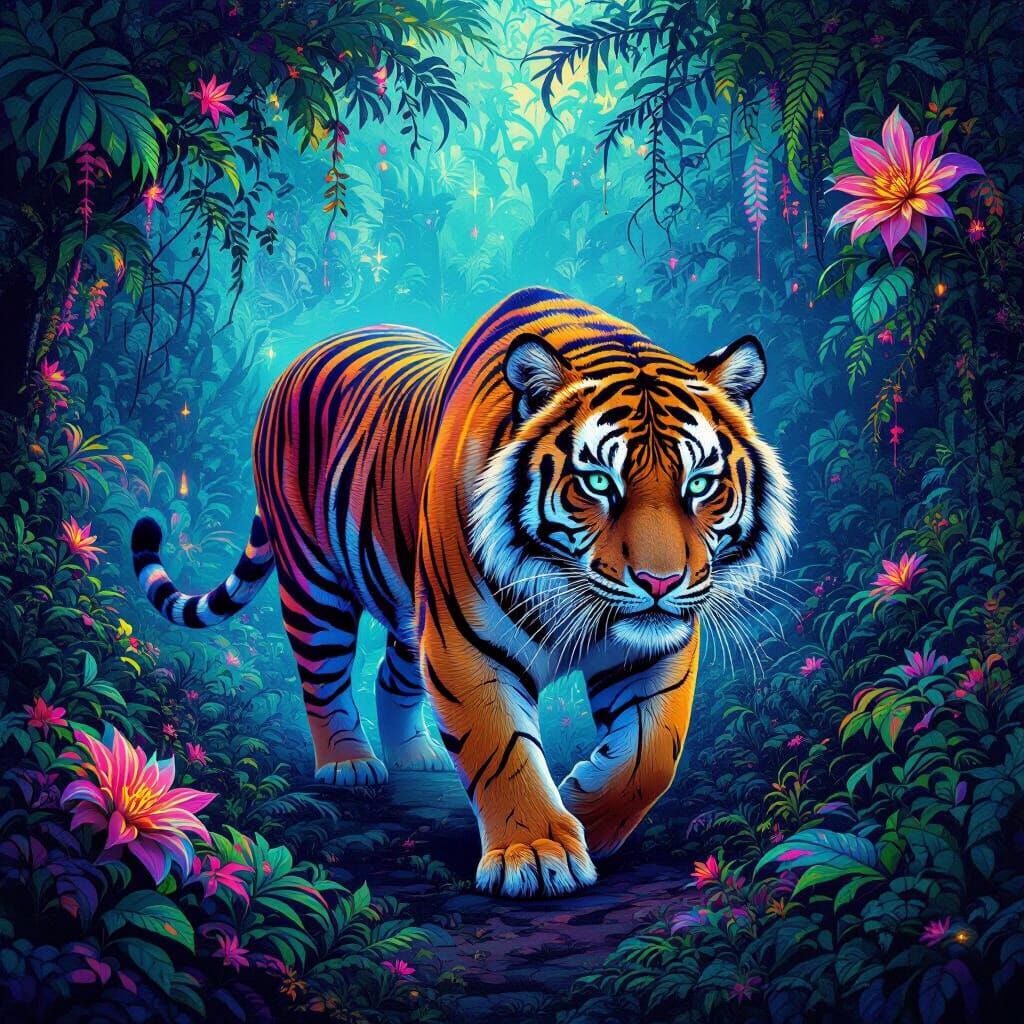 Kaleidoscopic Tiger in Neon Bioluminescent Jungle
