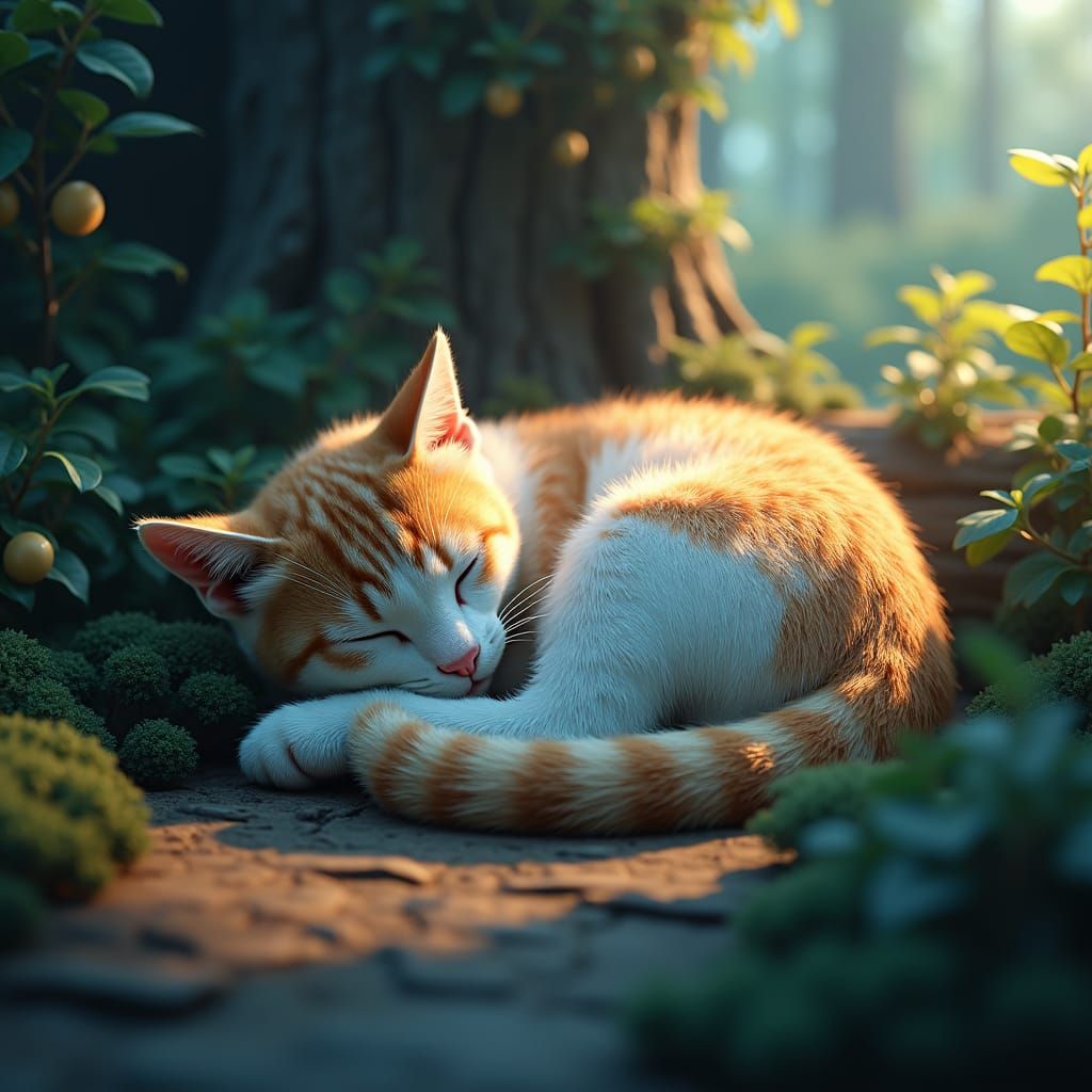 Cat Sleeps in Lush Foliage: Matte Painting