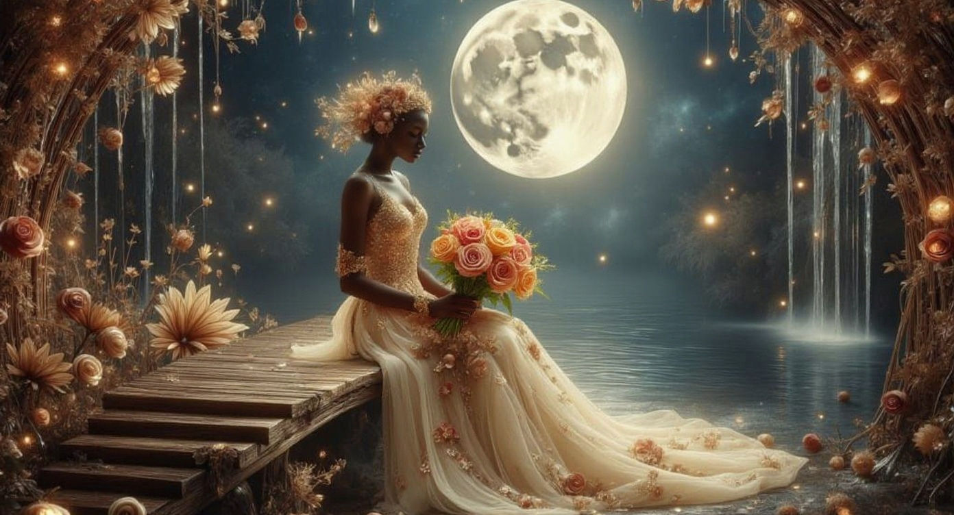 Fairy Queen by Lake with Roses, Fantasy Art