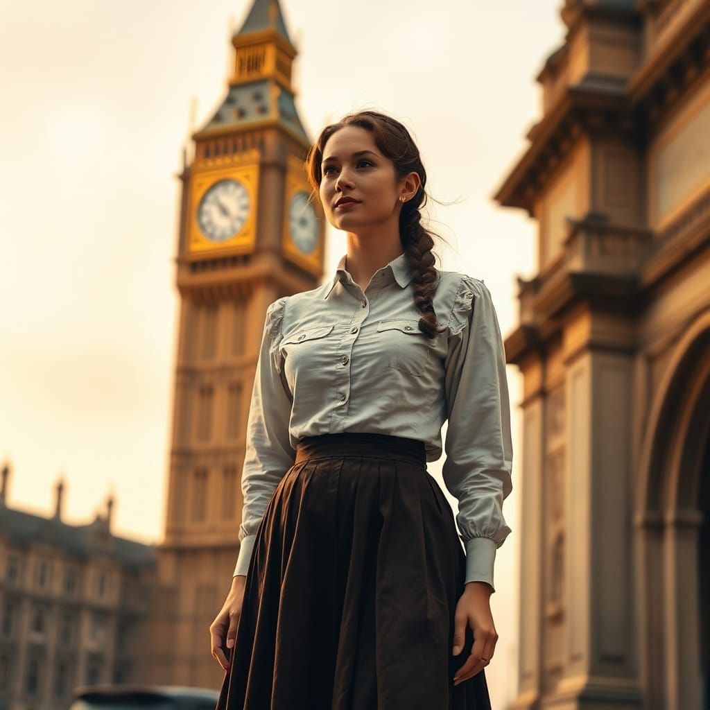 Edwardian Woman at Big Ben in Nostalgic Light