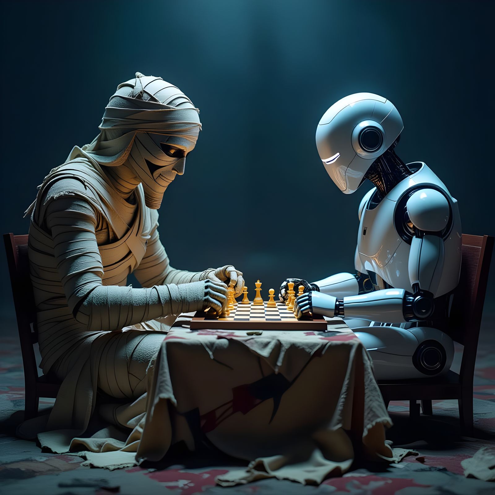 Mummy vs Robot Chess Match in Epic Lighting