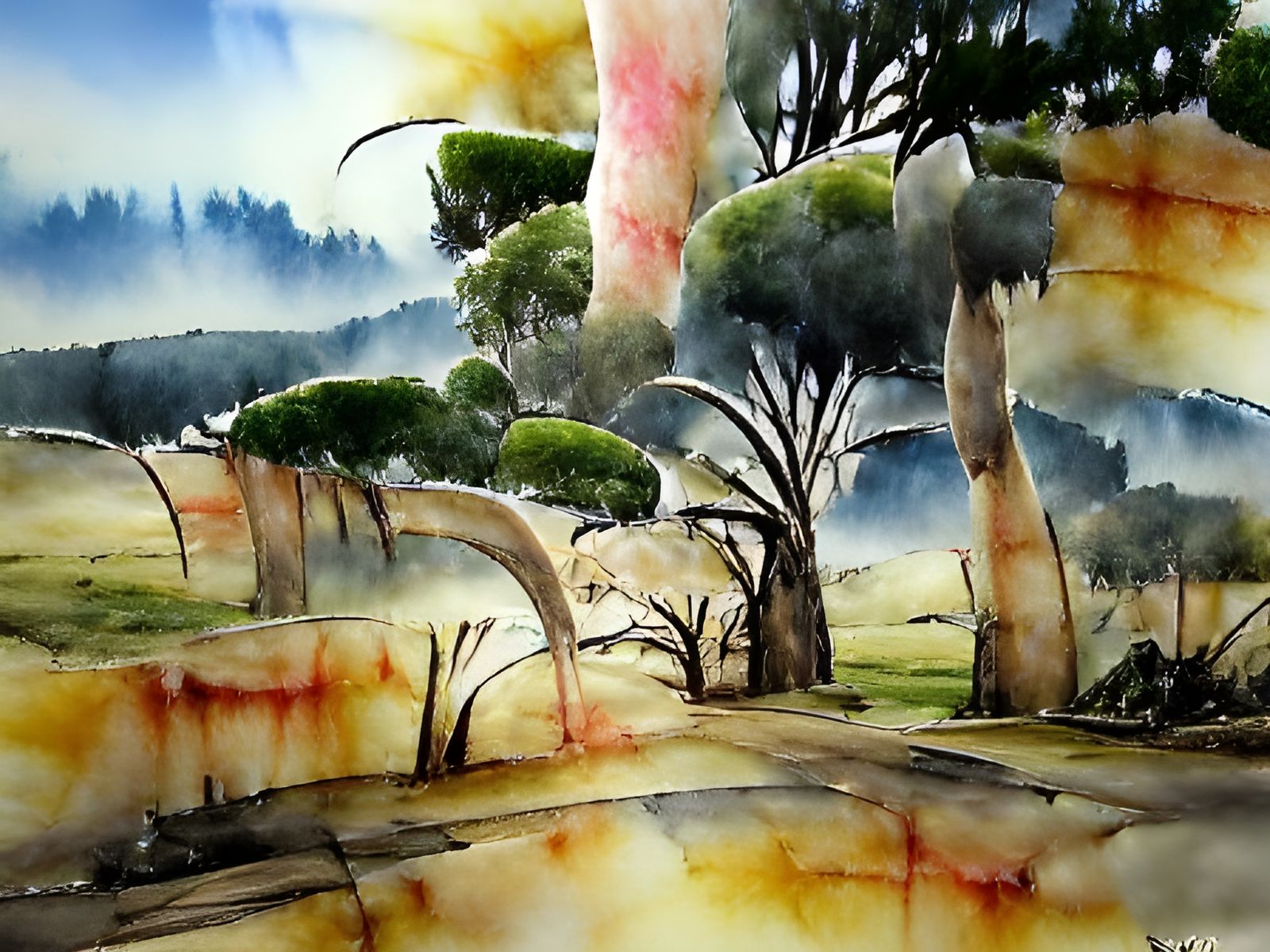 Australian Gum Tree Landscape in Watercolor and Ink