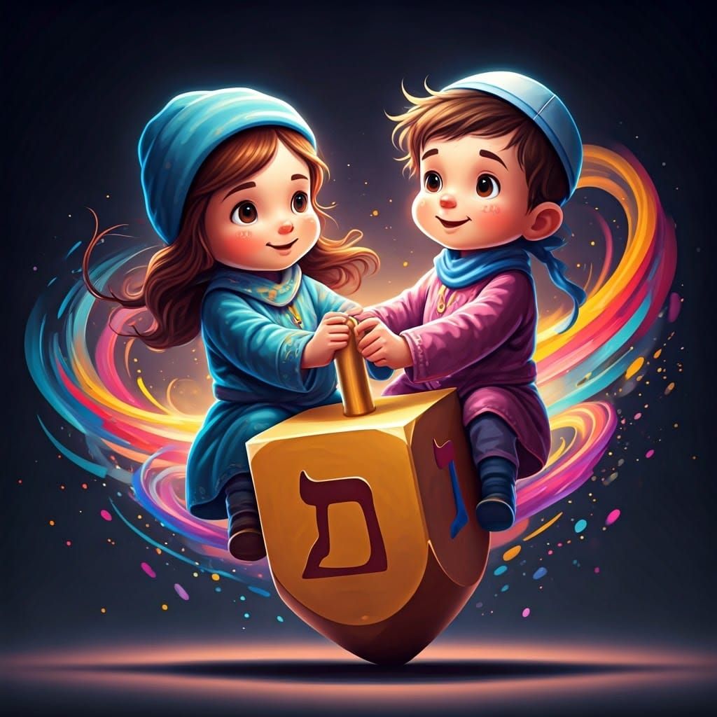 Vibrant Orthodox Kids Spin on a Colorful Dreidel in Urban Ar...