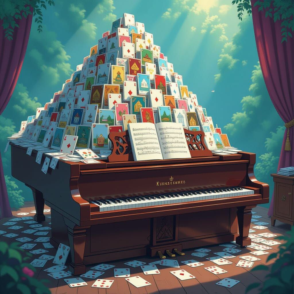 Piano Mountain of Card Rooms in Studio Ghibli Style