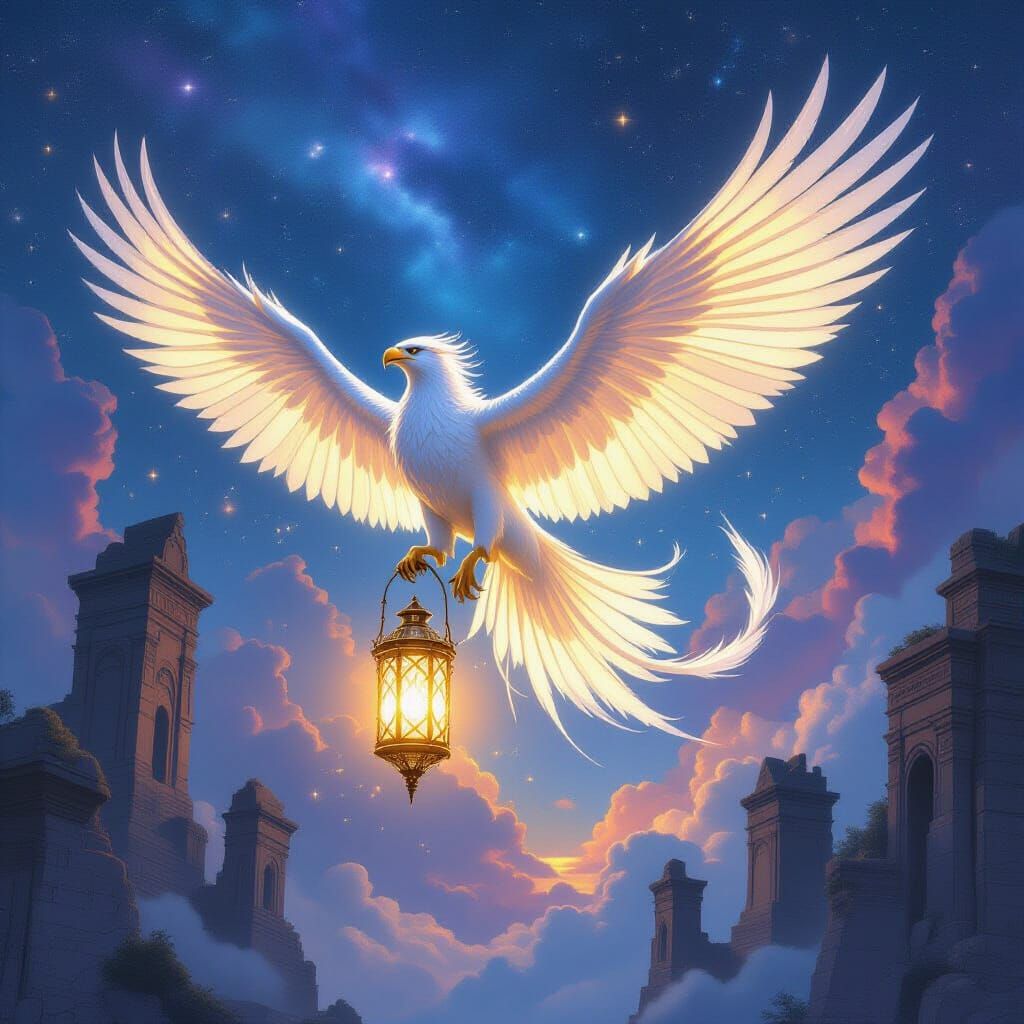 Gryphon Soaring Through Nebula with Celestial Lantern