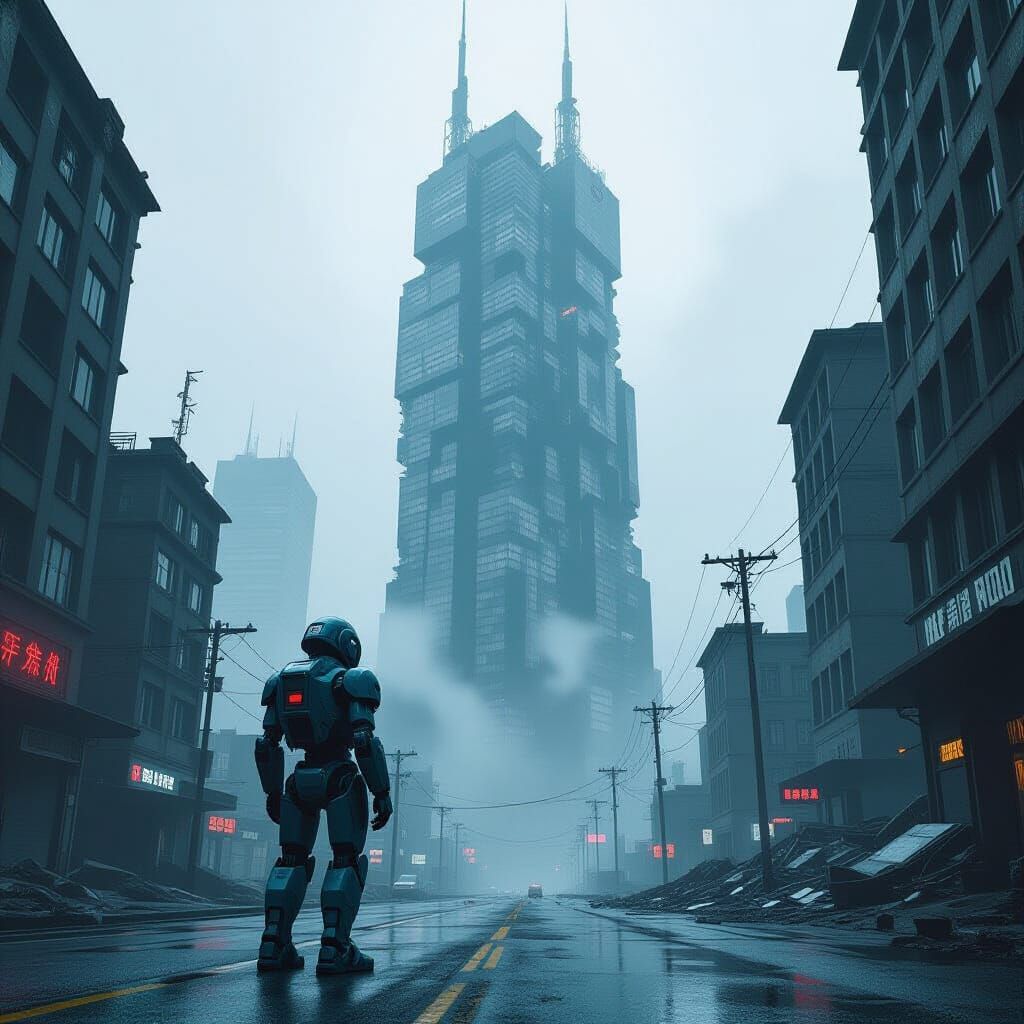 Dystopian Robot Gazes at Ruined City