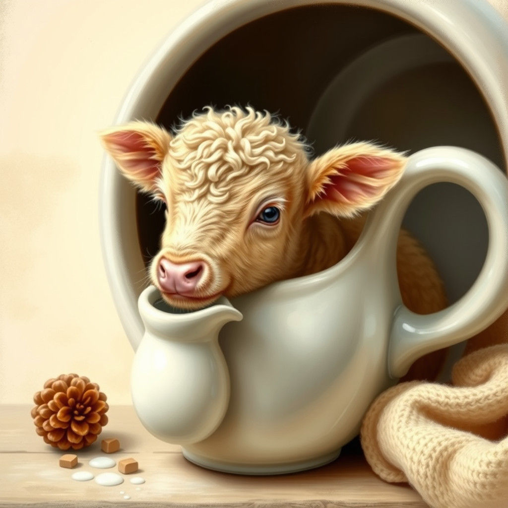 Adorable Fluffy Calf Sipping Milk from Mug