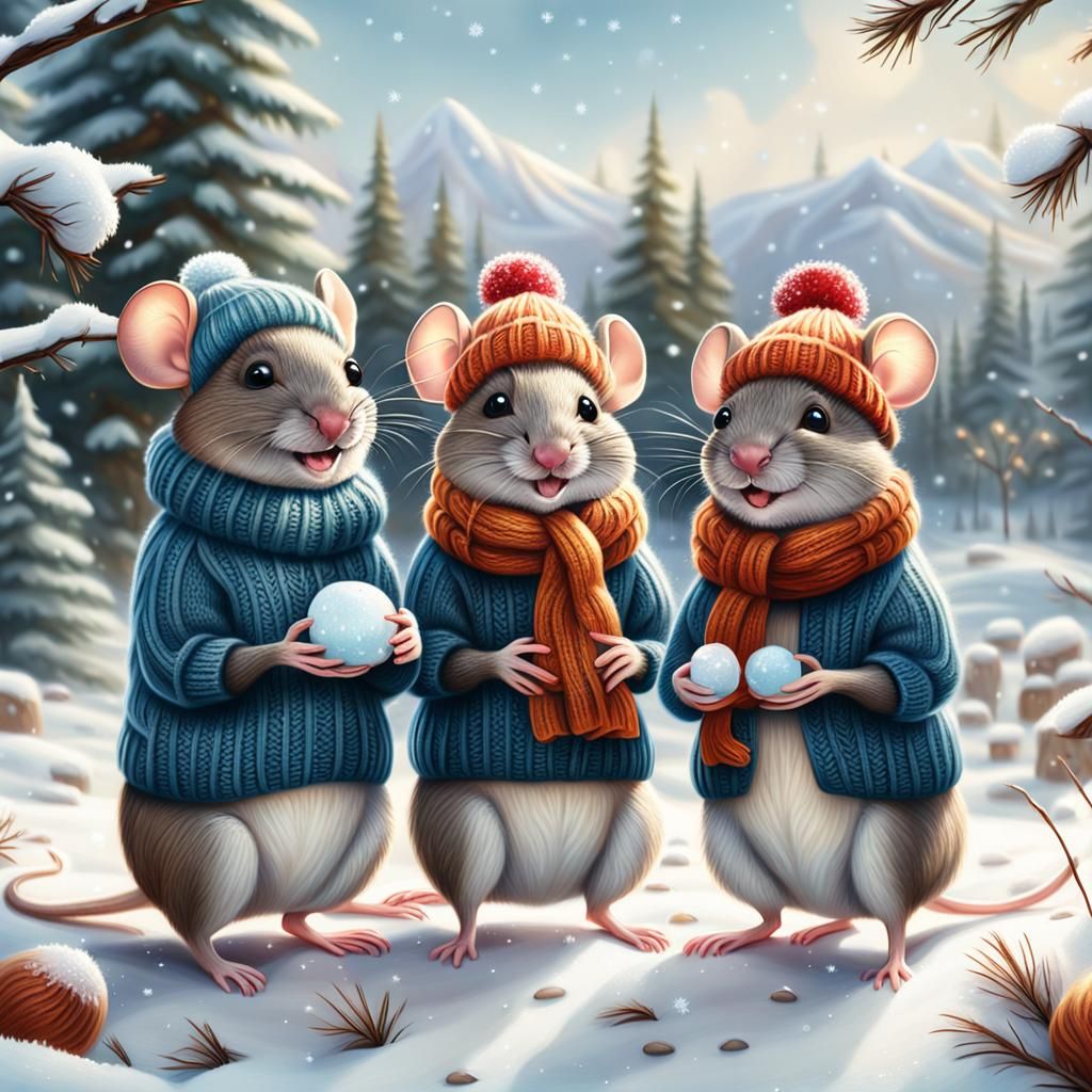 Mice in Winter Wonderland: A 3D Oil Painting
