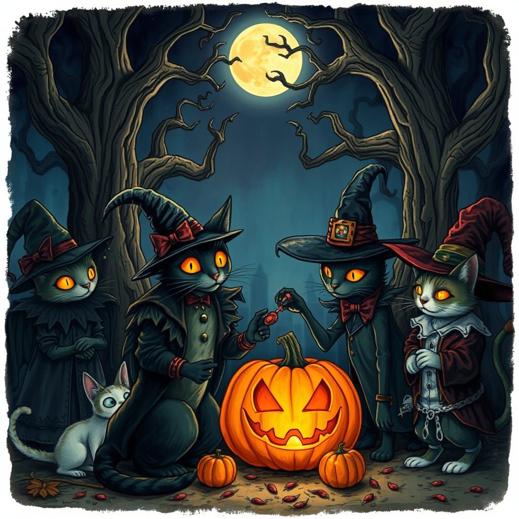 Whimsical Halloween Cats in Dark Fantasy Style