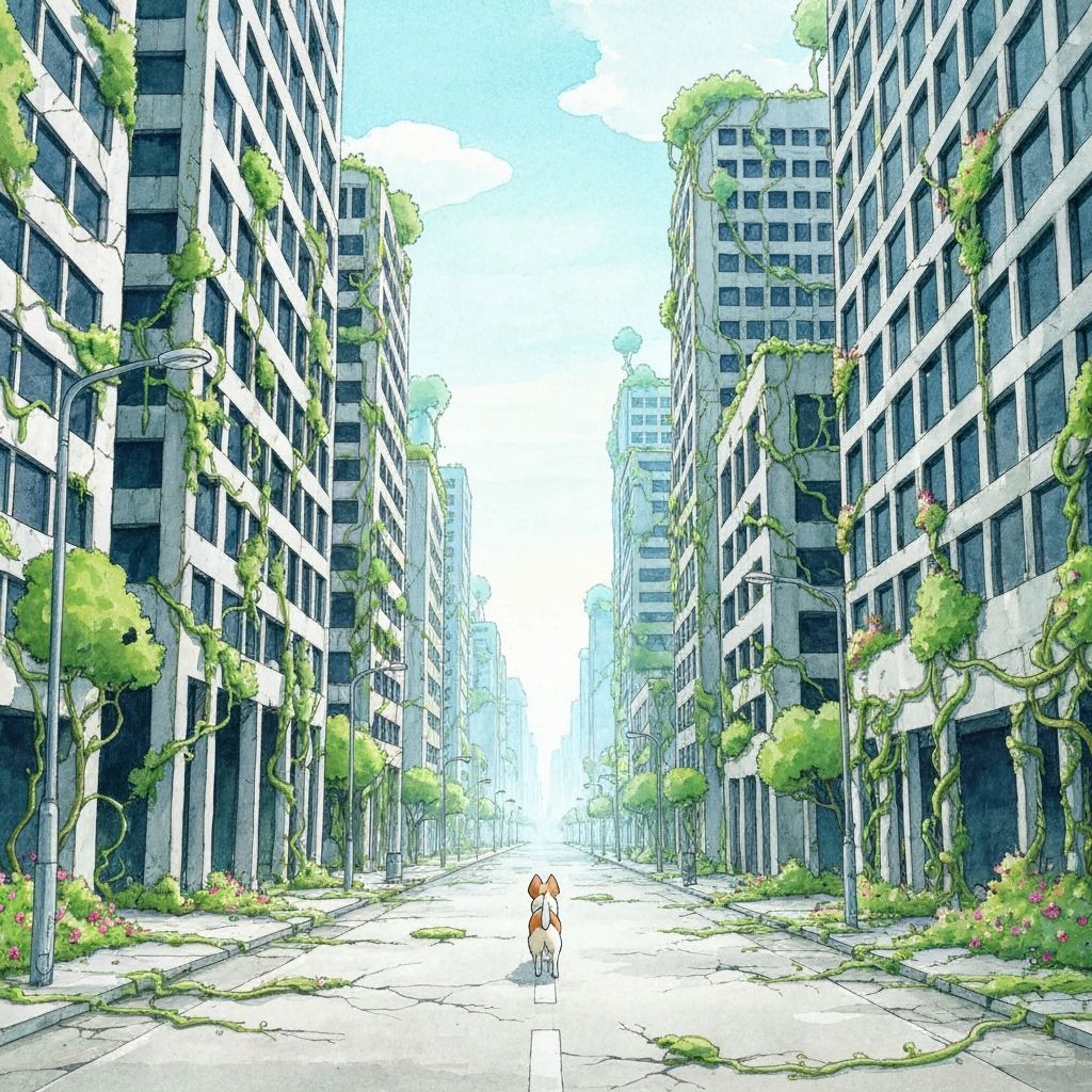 Dog in Post-Apocalyptic City Watercolor