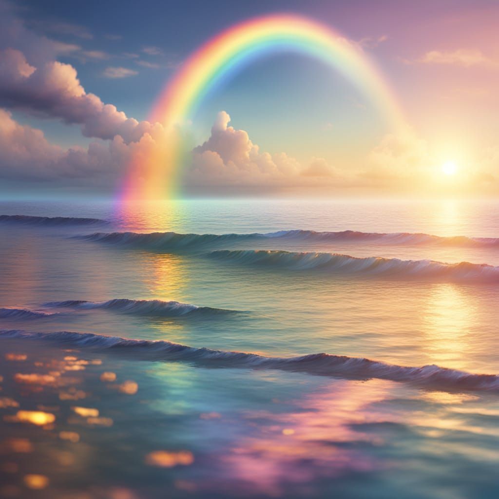 Vibrant Rainbow Over Calm Ocean at Golden Hour