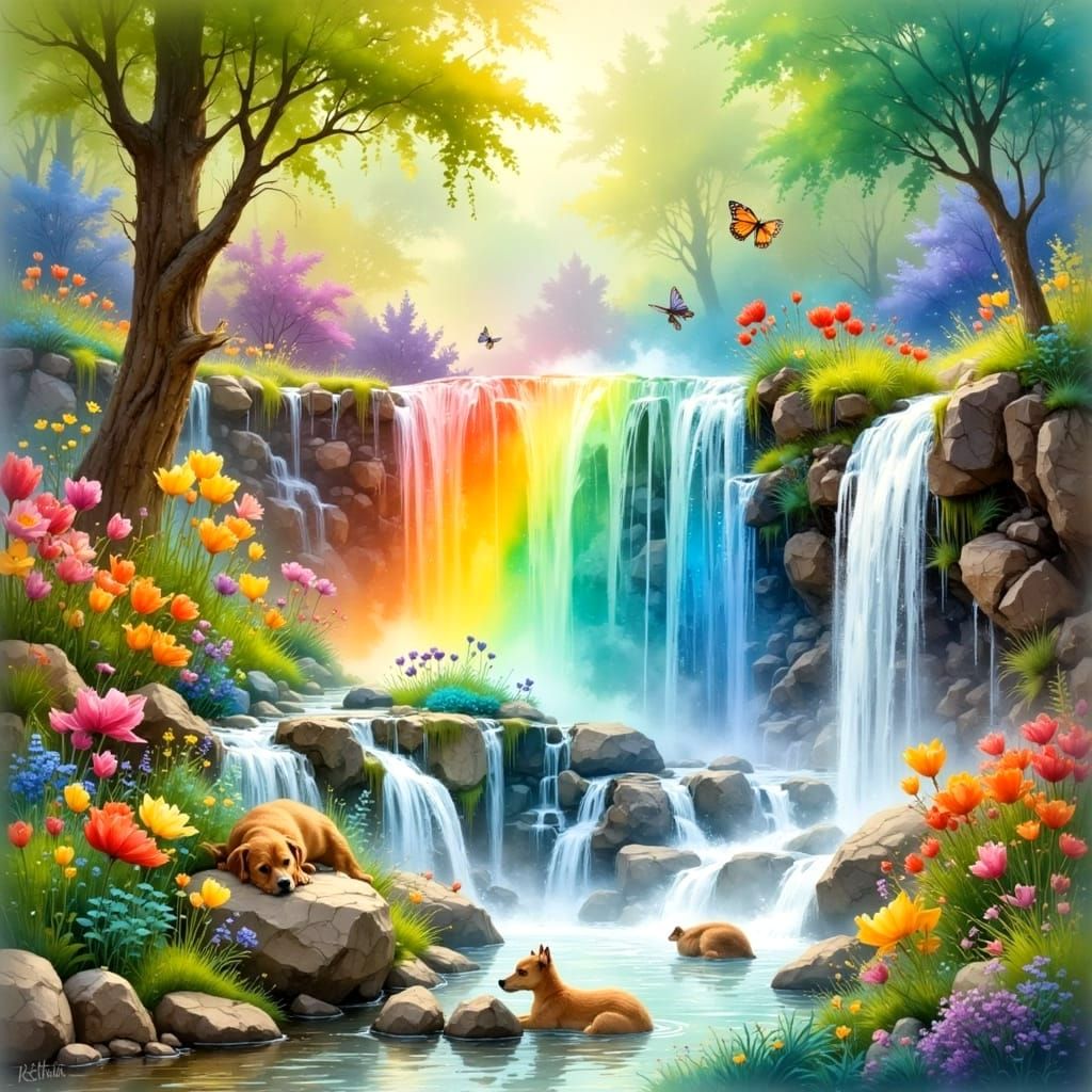 Vibrant Waterfall Scene with Dog and Blooming Flowers