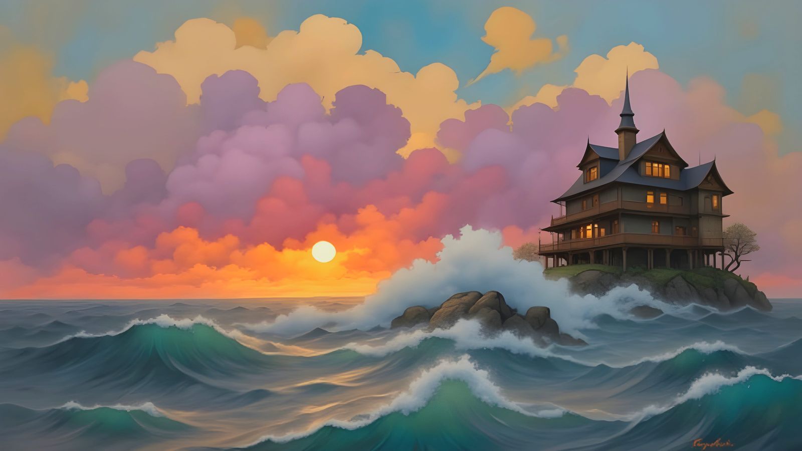 Stormy Island House at Sunset in Flux-Inked Style