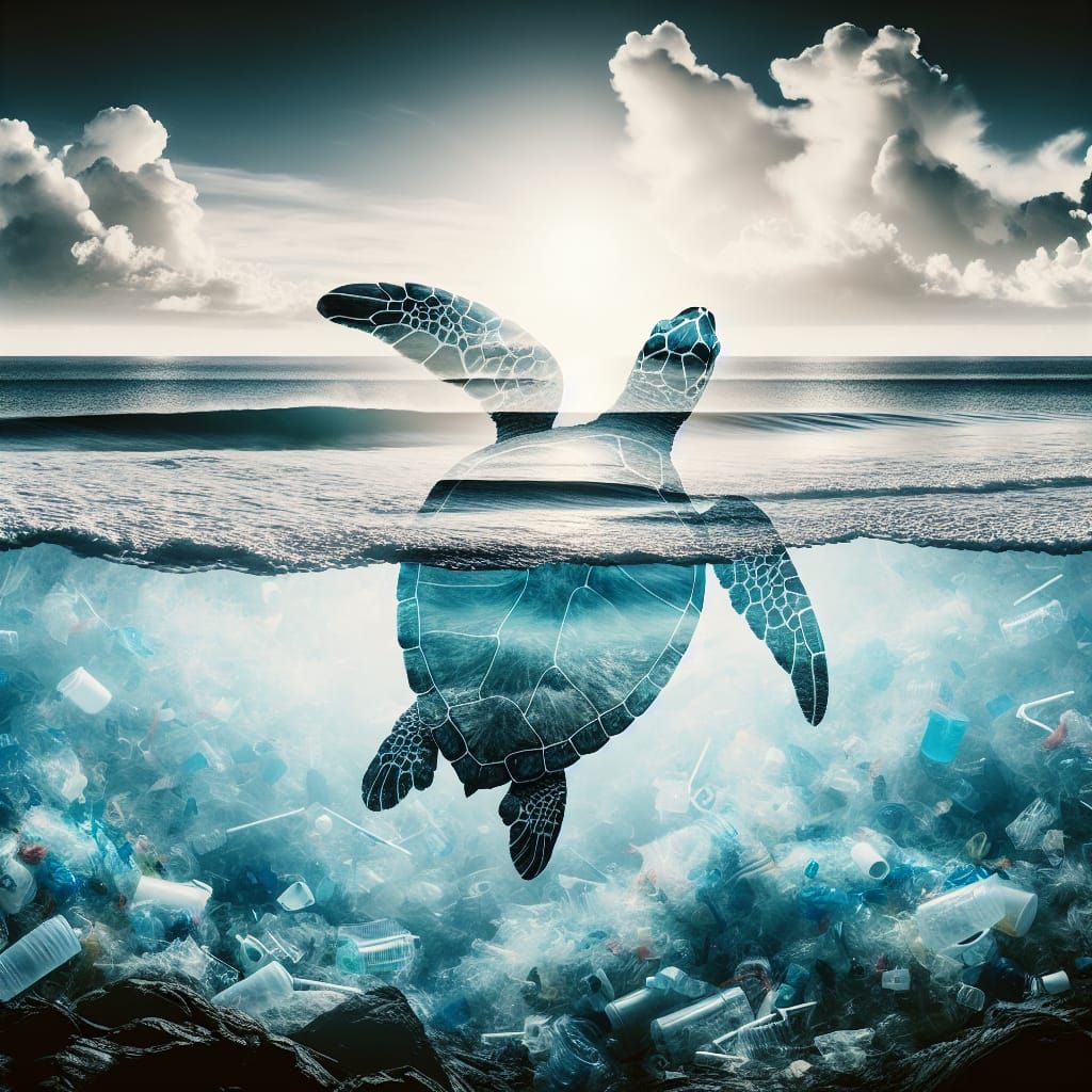 Turtle Silhouette Amidst Plastic Pollution
