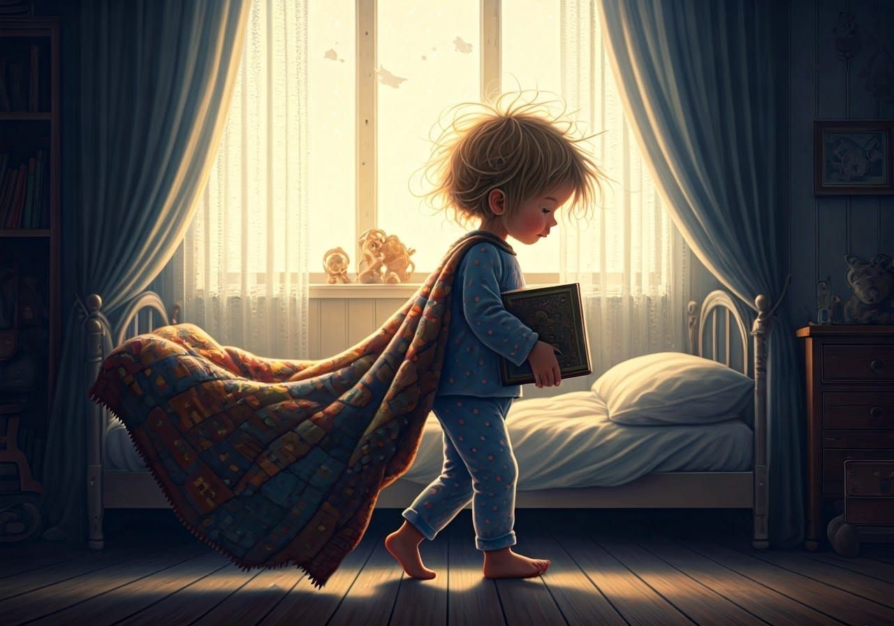 Dreamy Girl in Pyjamas with Tattered Blanket and Storybook