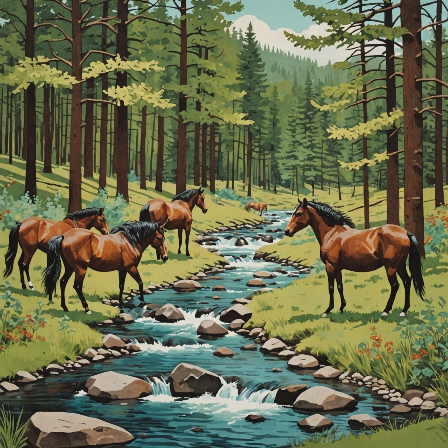 Paper Collage of Wild Horses by Stream