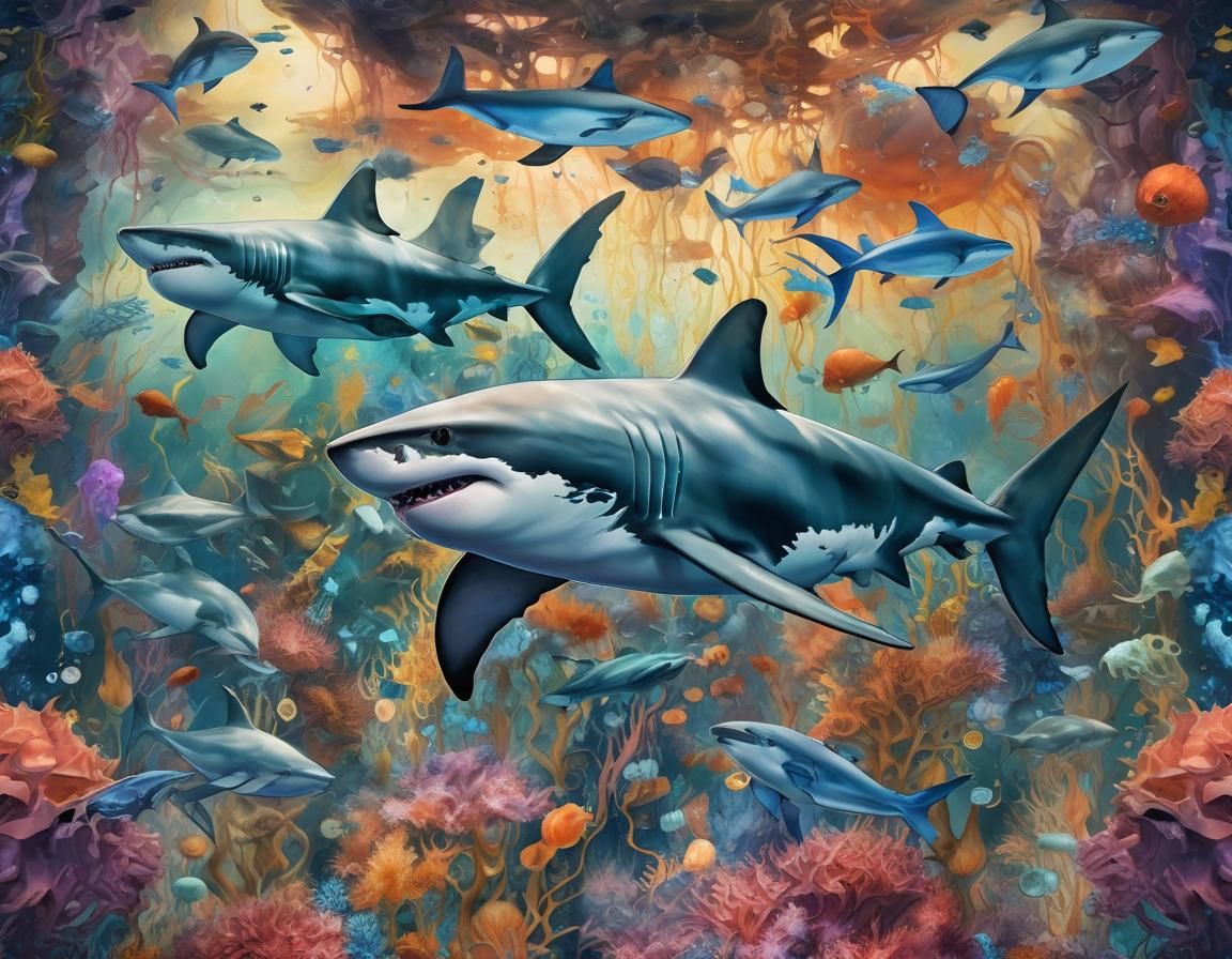 Surreal Underwater Scene with Shark and Dolphins