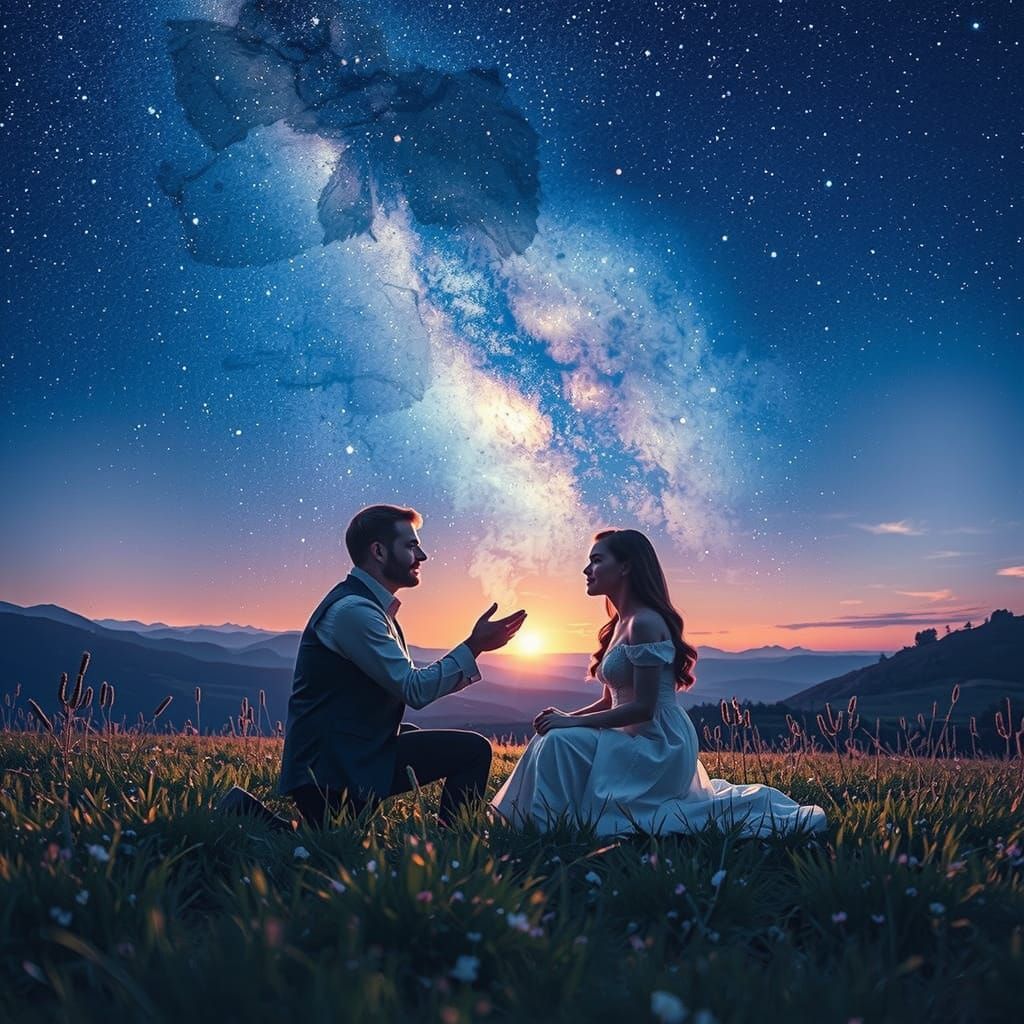 Double Exposure Love Scene Under Starry Night Sky