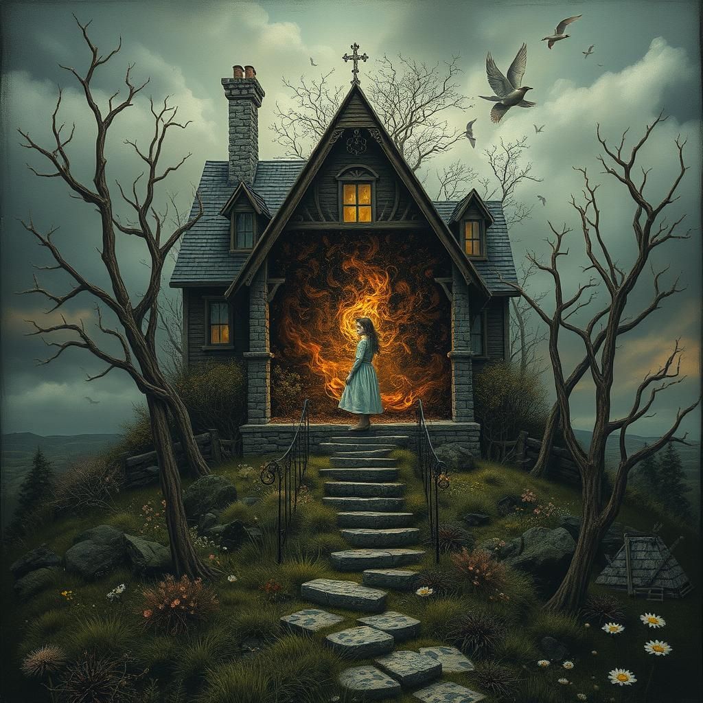 Surreal Girl Arrives at House in Old Painting Style