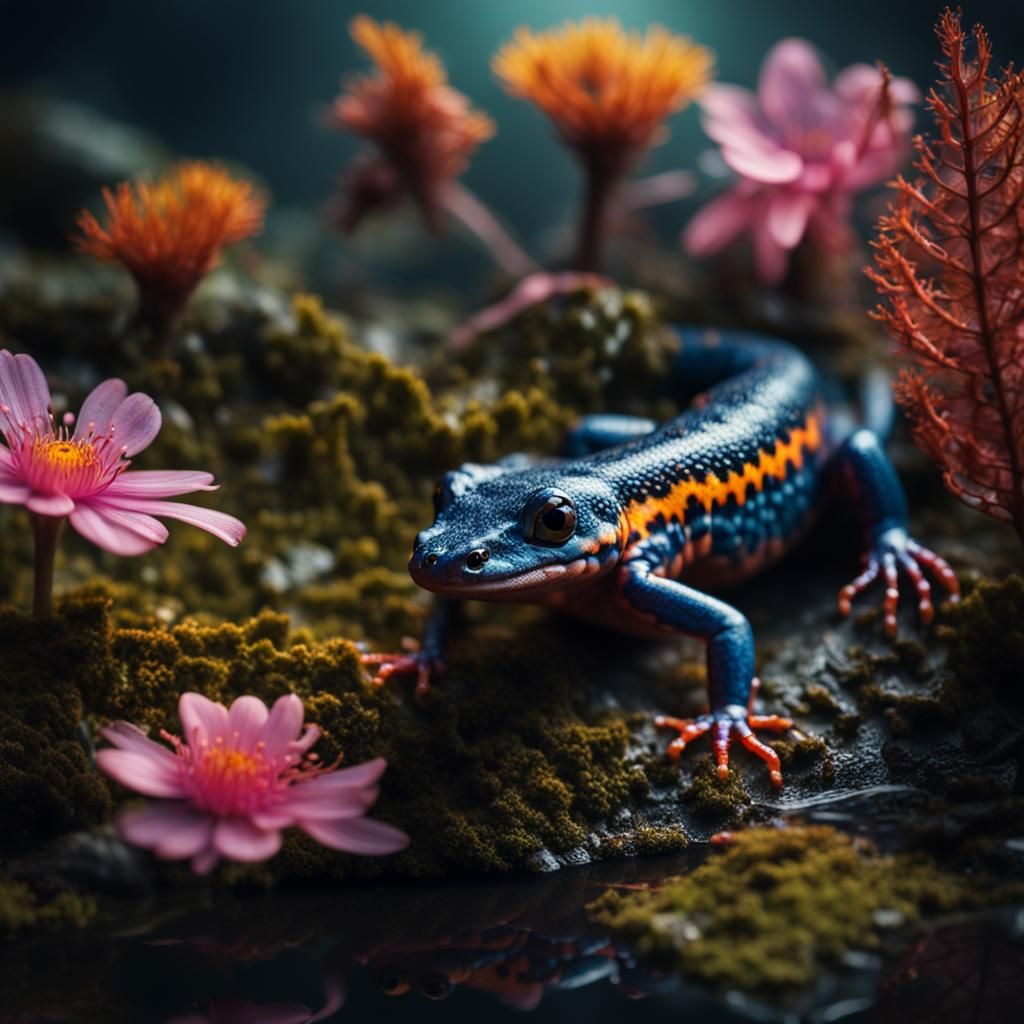 Hyperrealistic Salamander in a Moody Swamp Landscape